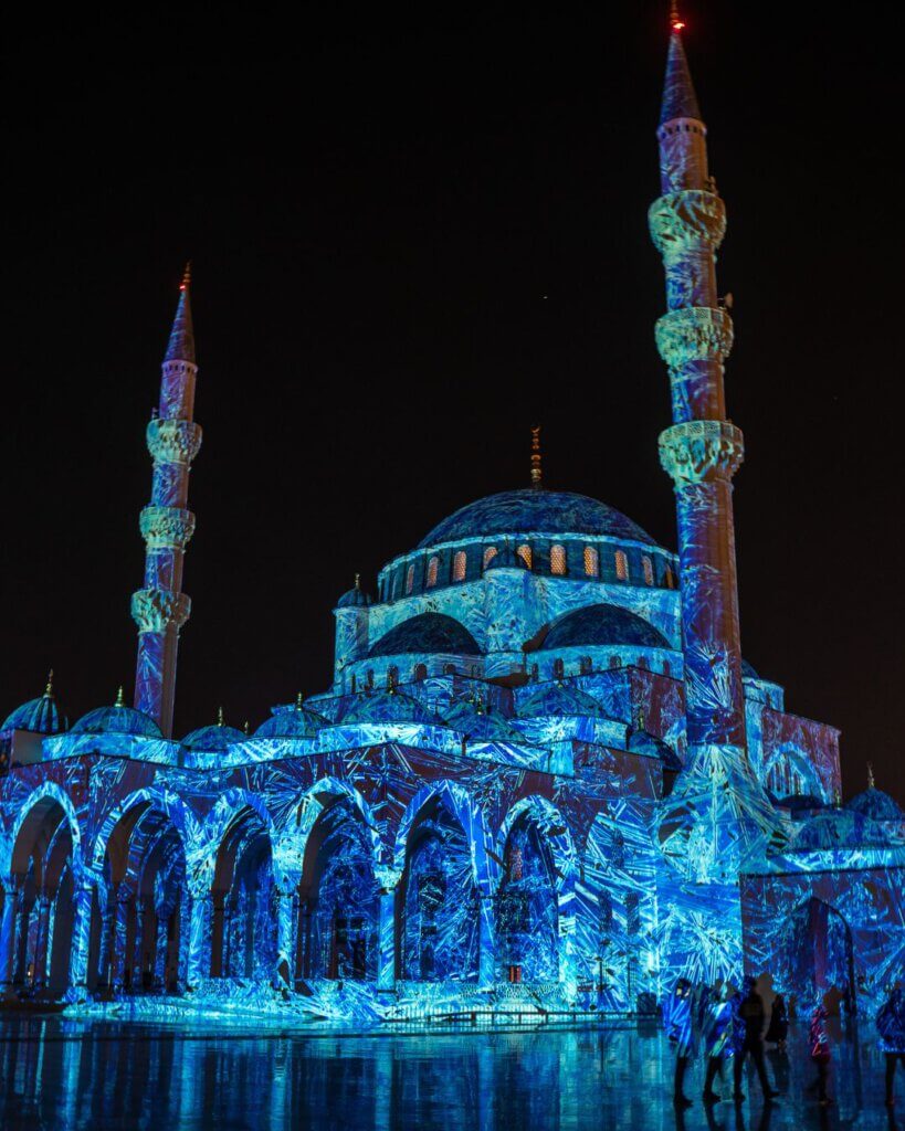 View of the Sharjah Mosque during the Sharjah Lights Festival