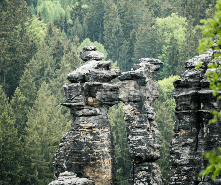 Majestic rock formations surrounding the Herkules Columns in Saxon Switzerland.