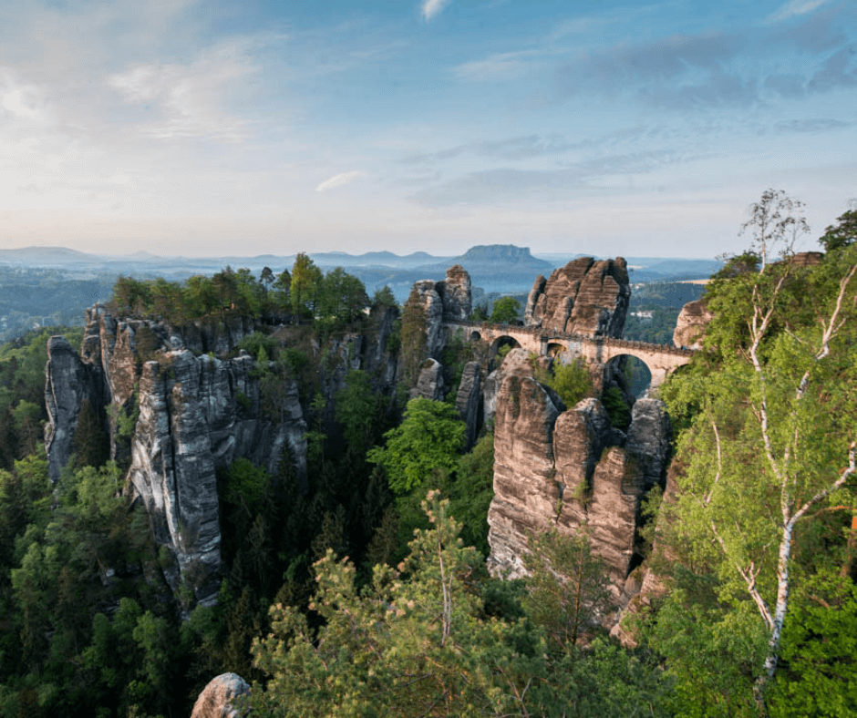 Beautiful sunrise at the Basteibrücke (Bastei Bridge), offering spectacular views over Saxon Switzerland.