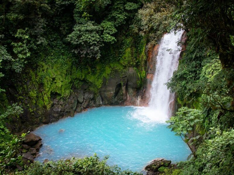 Rio Celester waterfall bright blue colors