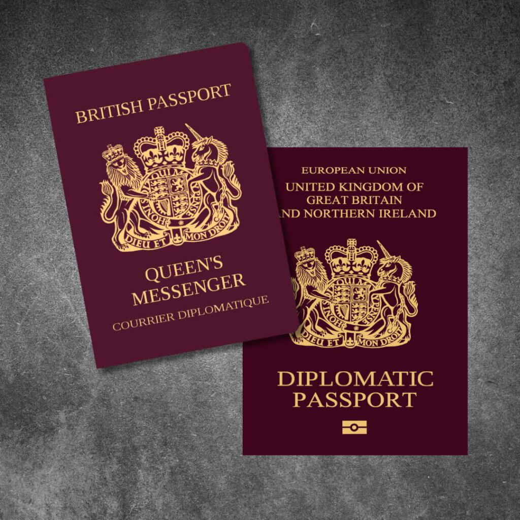 British King's messenger passport next to a british diplomat passport