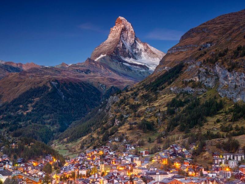 View of the village of Zermatt at the feet of Matterhorn