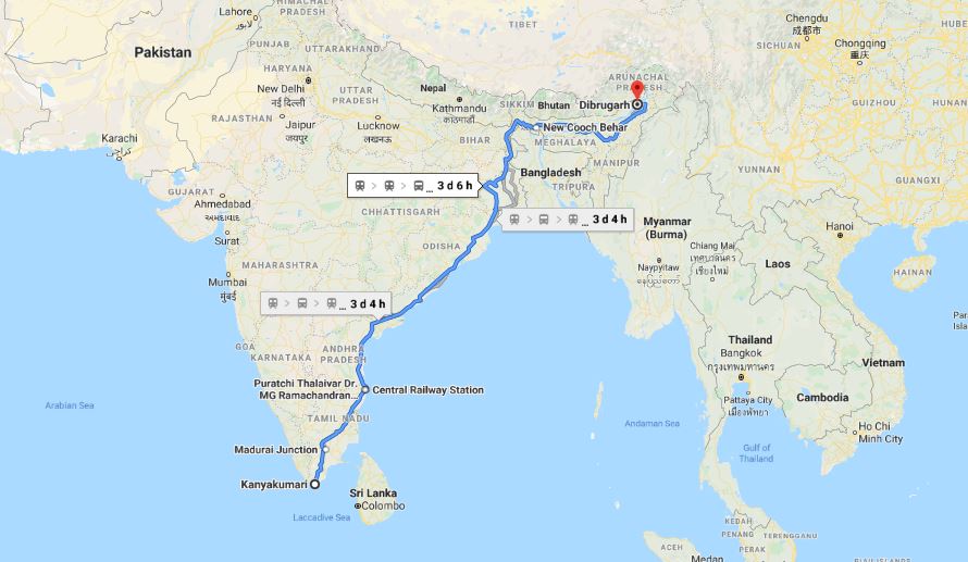 Vivek Express Route from Kanyakumari to Dibrugarh