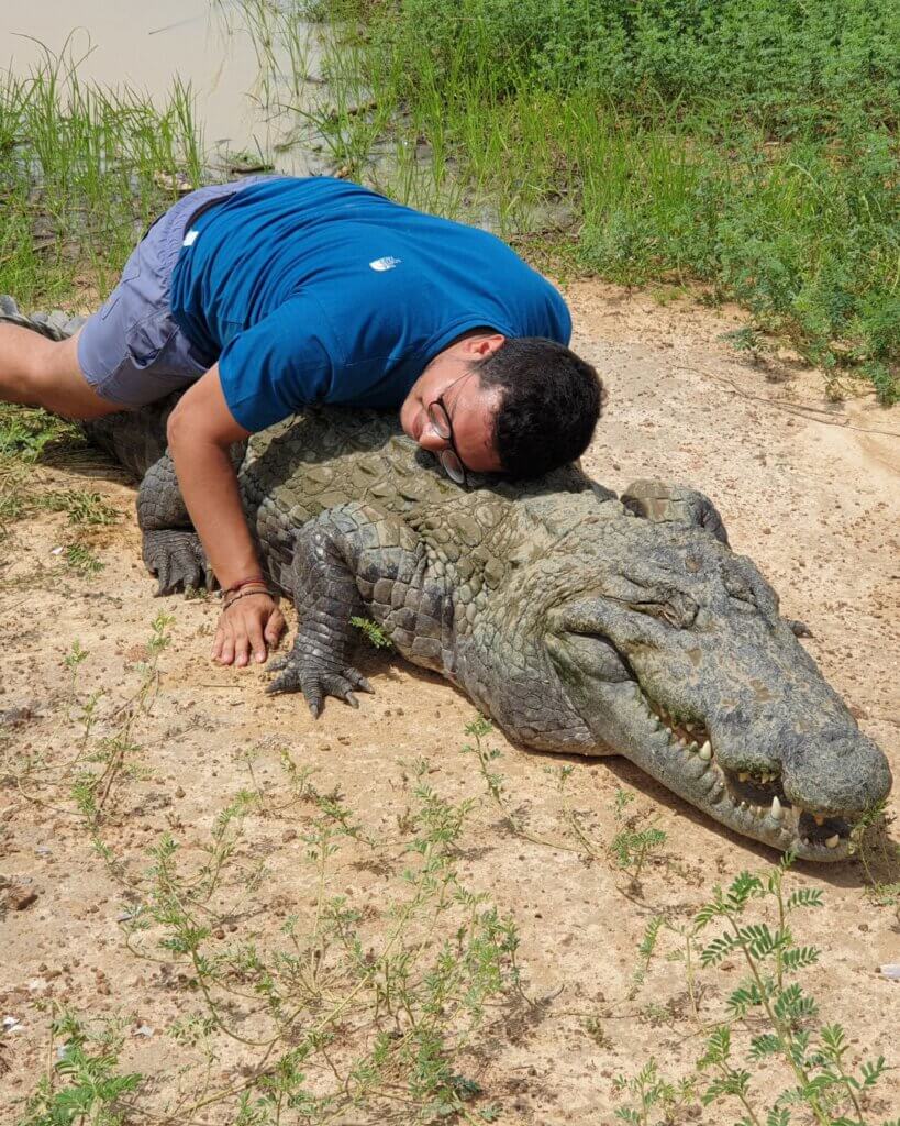 Me cuddling a wild male crocodile in Burkina Faso