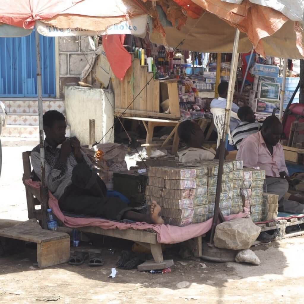 Piles of banknotes at the exchange market in Hargeisa