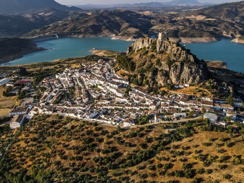 View of Zahara de la Sierra with a drone