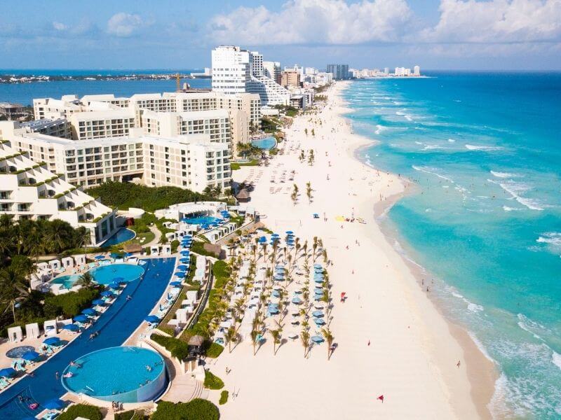 Aerial view of the hotel district in Cancun