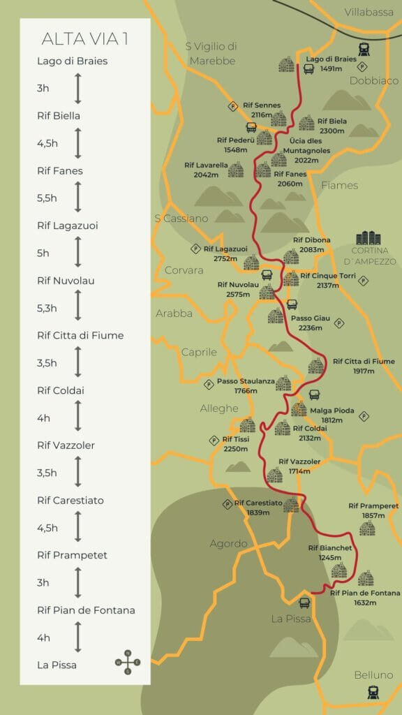 Map of the Alta Via 1 in the Dolomites