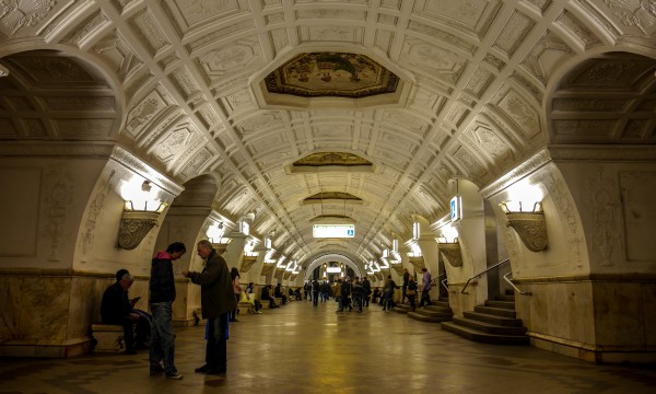 Belorusskaya metro station in Moscow, known for its intricate mosaic work and decorative ceiling patterns.