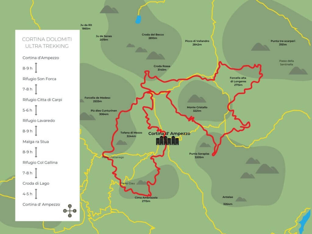 Map of the Cortina Dolomiti Ultra Trekking route