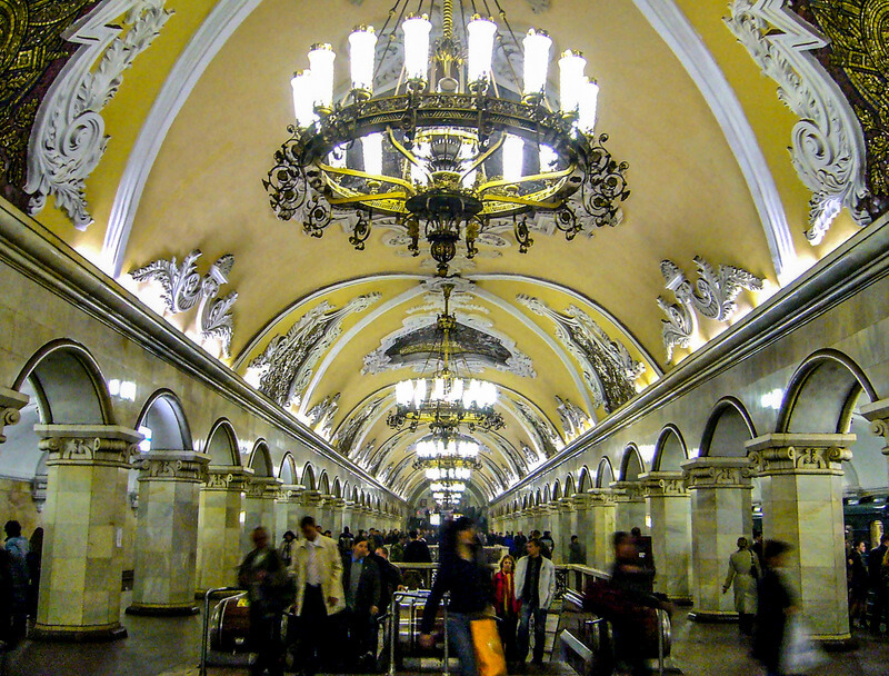 Stunning baroque architecture at Komsomolskaya metro station in Moscow, with grand columns and golden accents