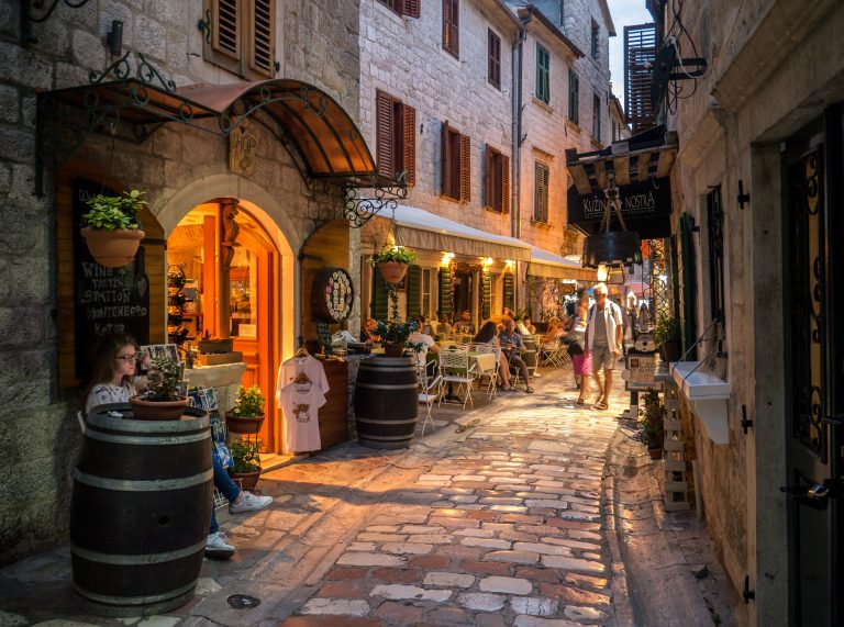 Narrow streets at Kotor old town in Montenegro during sunset