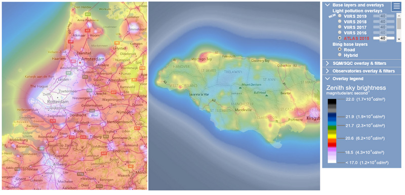 Light polution map comparison Europe and Jamaica