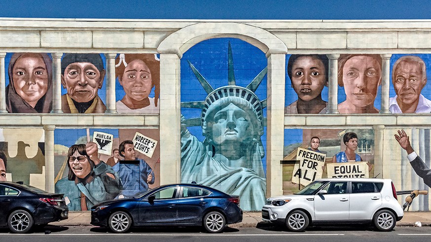 A  section of the 180 m length mural History of Inmigration - street art in Philadelphia