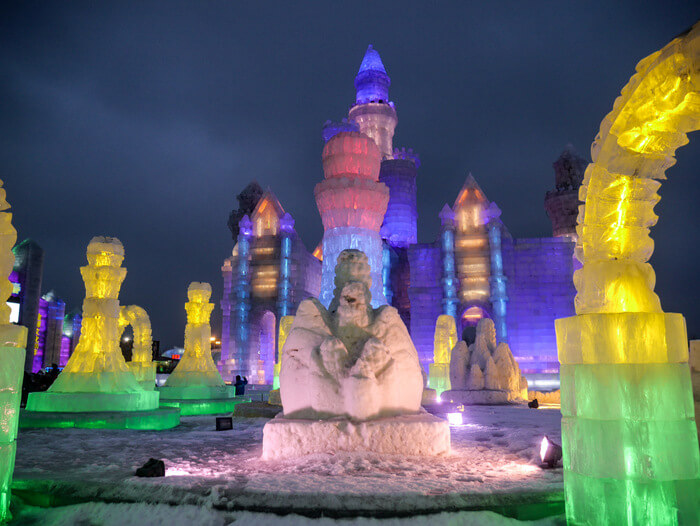 Castles, bridges and buildings at the Harbin Ice and Snow World in Harbin