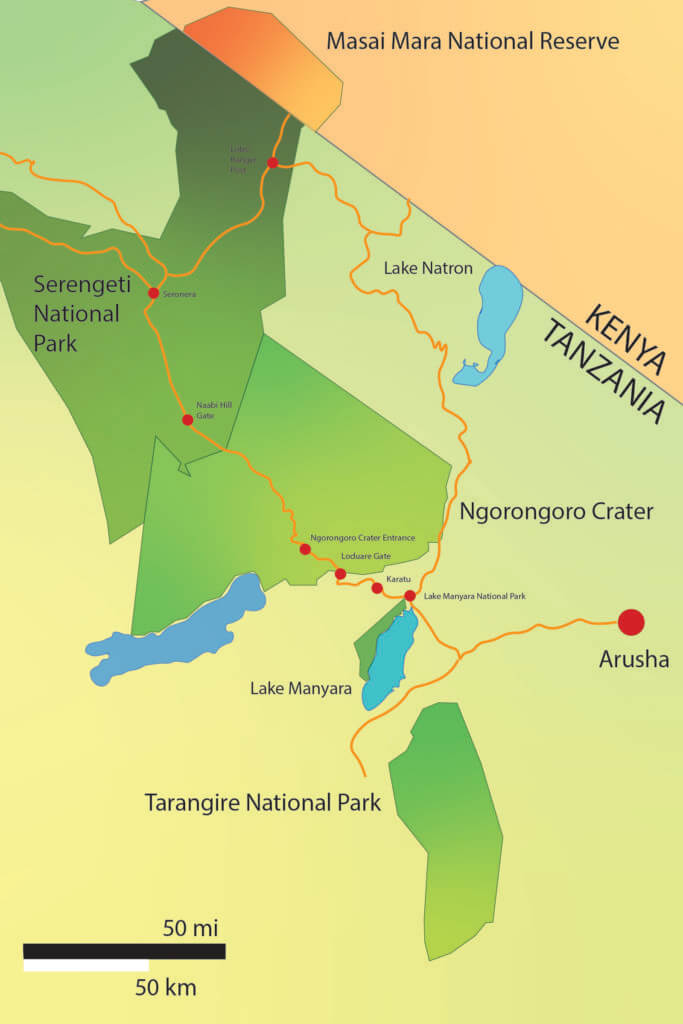 Map from Arusha to Serengeti