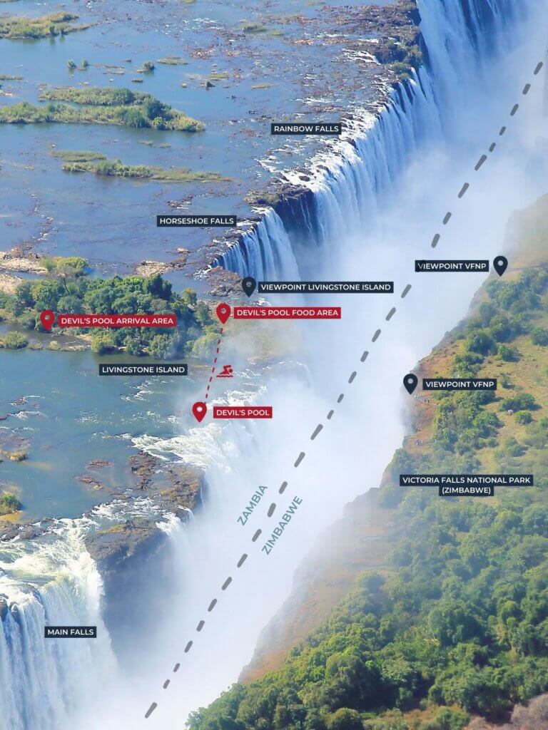 Detailed map of the Devil's Pool Victoria Falls from the Zambia side. You can see the Victoria Falls and the viewpoints. 