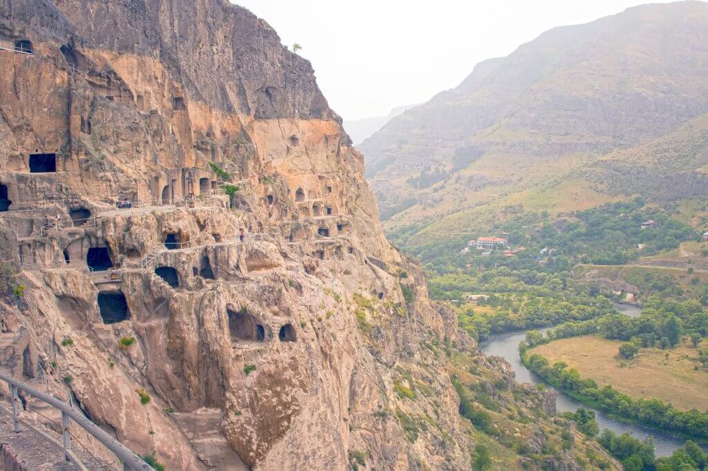 Road trip in Georgia . View of Vardzia from the side looking at the mountain side