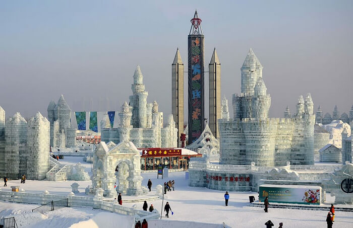 Ice structures and buildings in a city of ice and snow