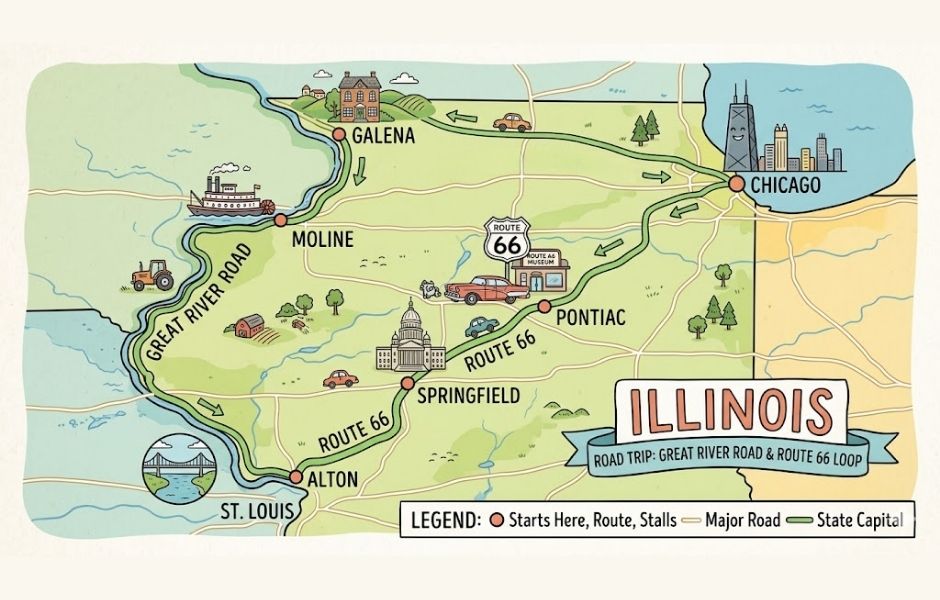 Map of a road trip in Illinois